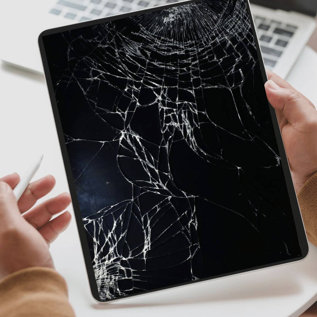 Close-up of a cracked tablet screen